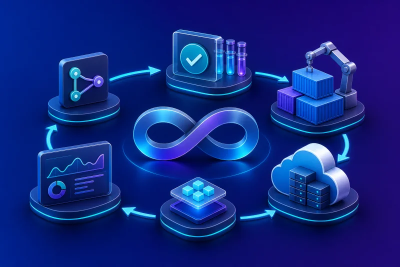 DevOps delivery loop connecting automation, containers, cloud deployment, and monitoring