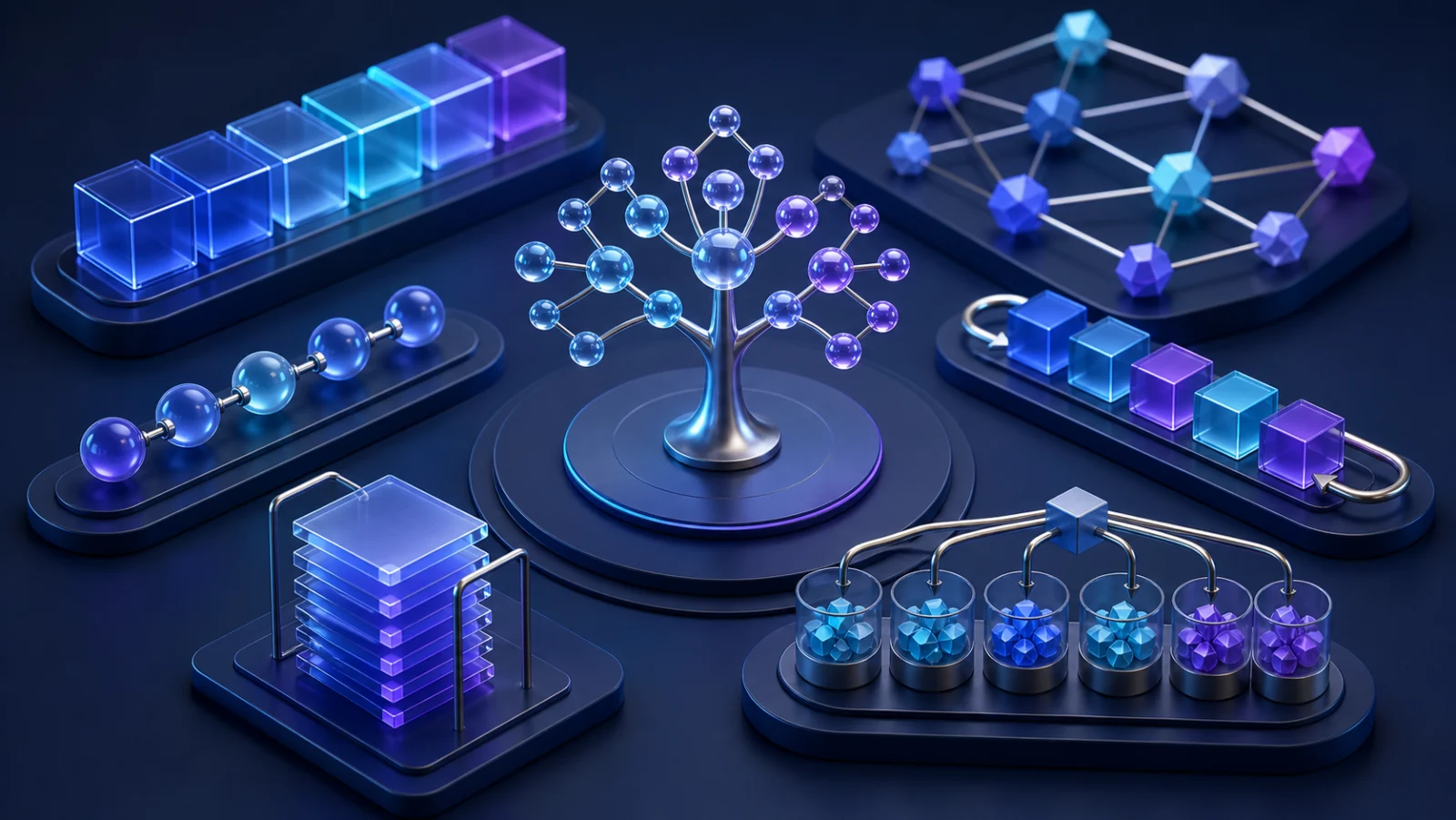 Geometric visualization of arrays, linked lists, trees, graphs, stacks, and queues