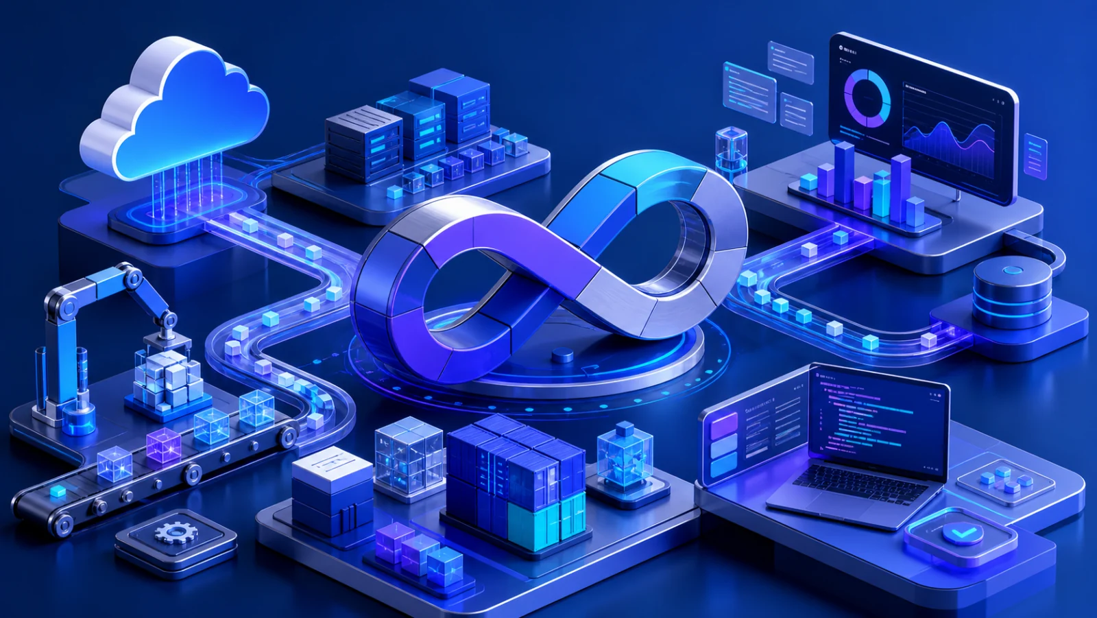 Modern DevOps system connecting automation, observability, platforms, and cloud delivery