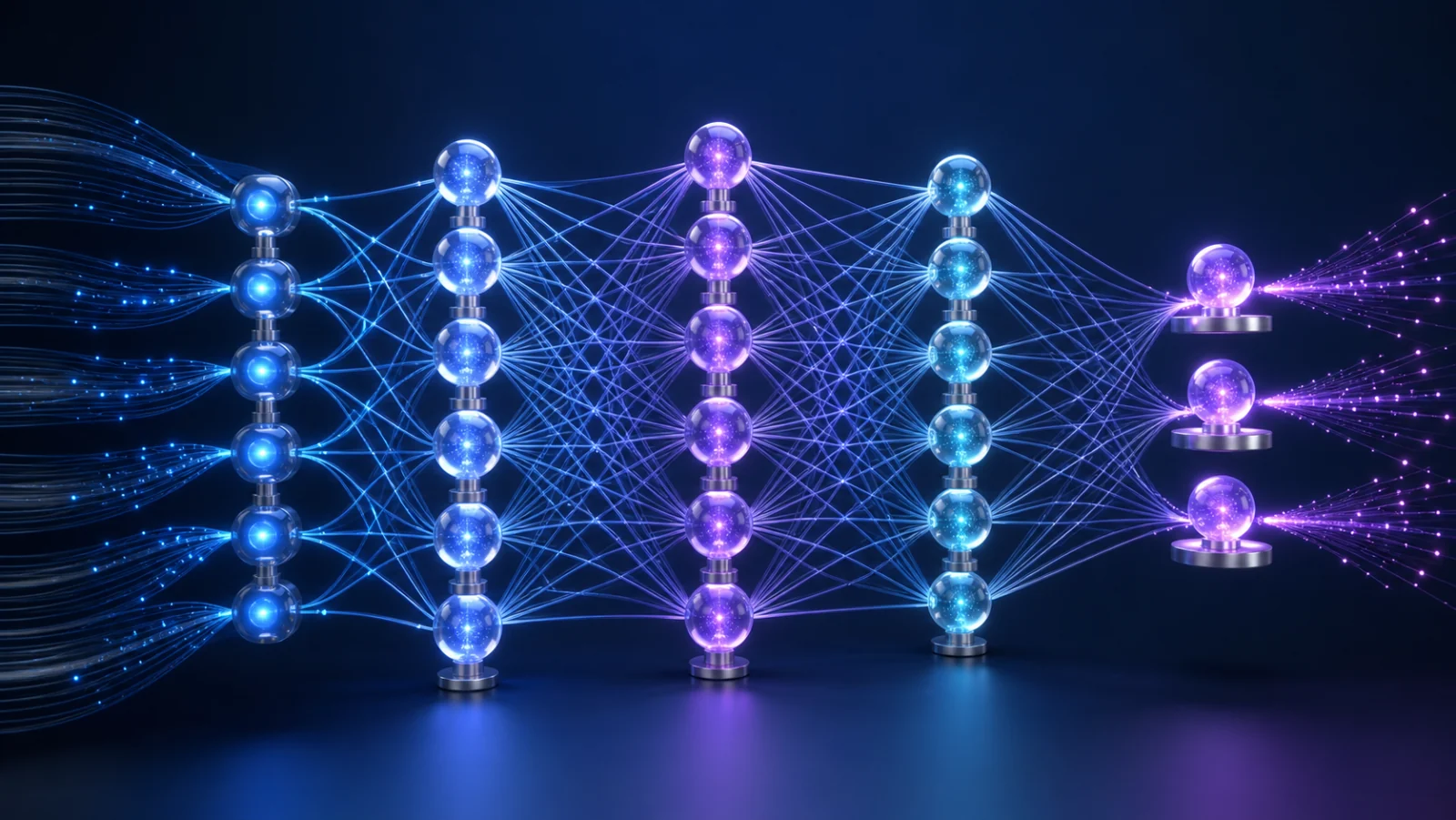 Neural network carrying signals through interconnected input, hidden, and output layers
