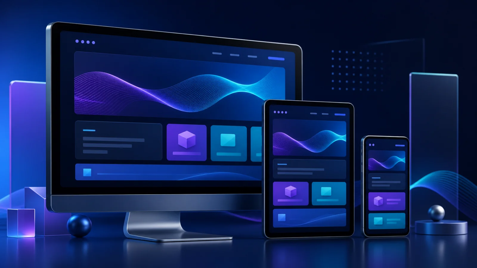 Website layout adapting fluidly across desktop, tablet, and mobile screens