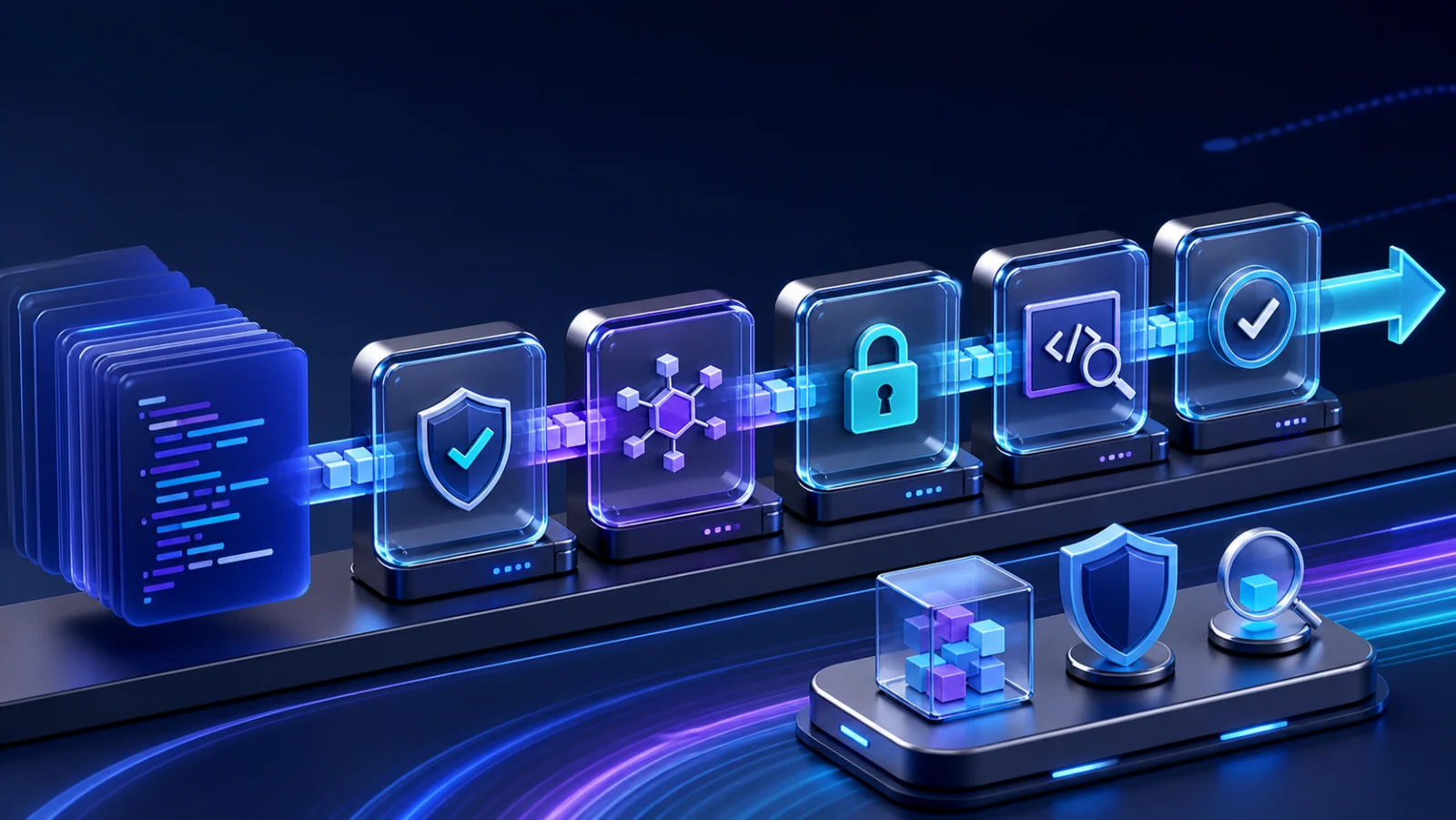 Software code passing through validation, review, dependency, and security checks