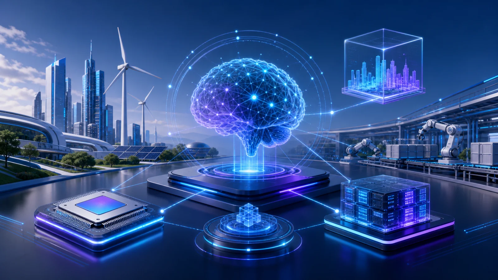 Forward-looking 2026 technology landscape combining AI, advanced computing, and automation